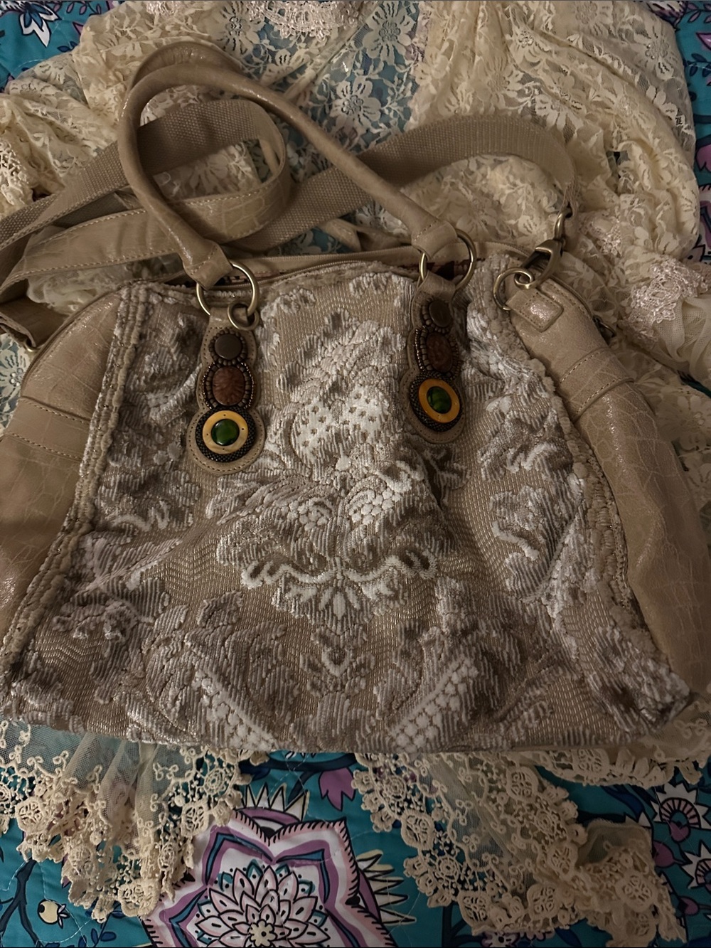 Sharif  beige Textured Tote Bag / crossbody with Decorative Accents.